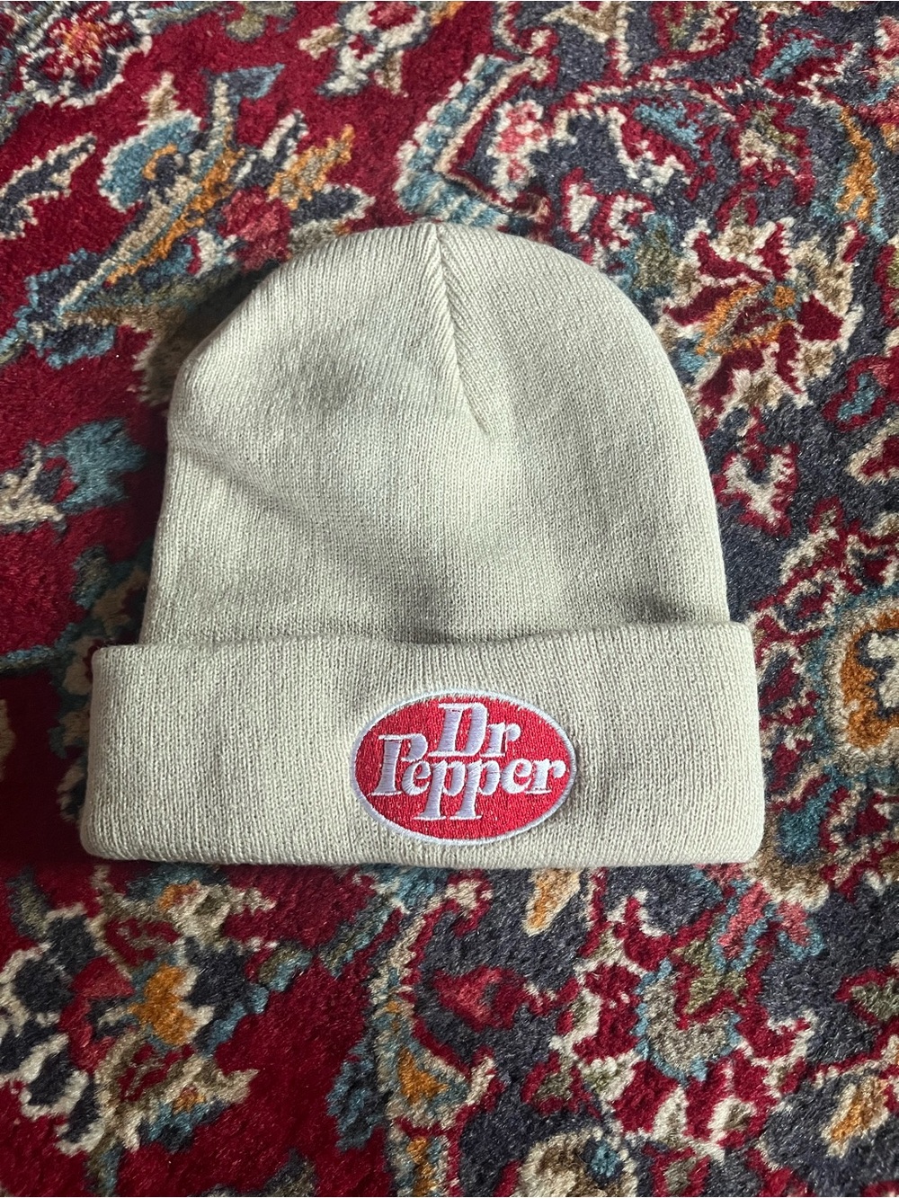 Dr Pepper Logo Beanie Hat in Light Tan